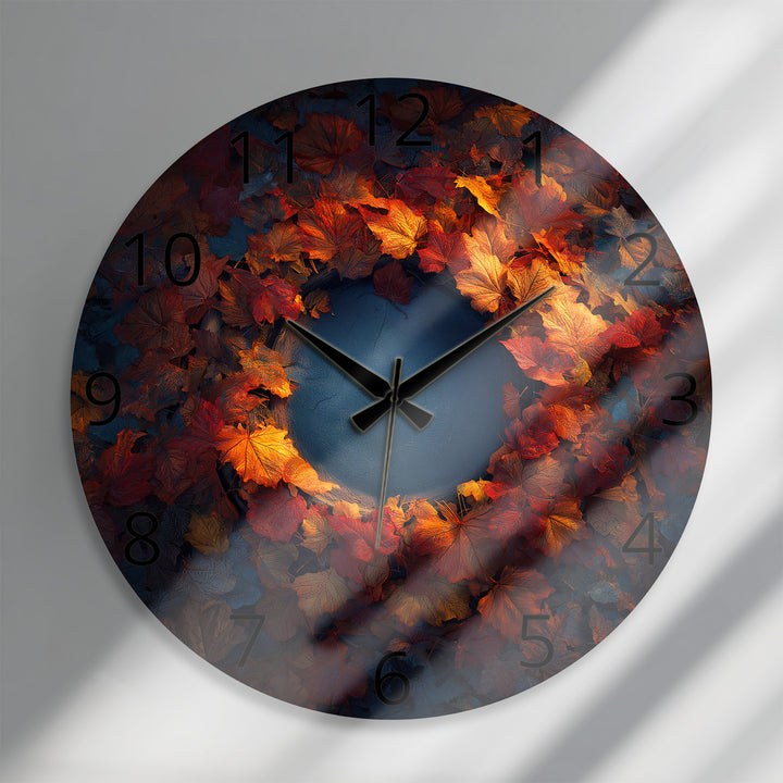 Glas-Wanduhr mit Herbstblättern – rustikales Herbstkranz-Dekor