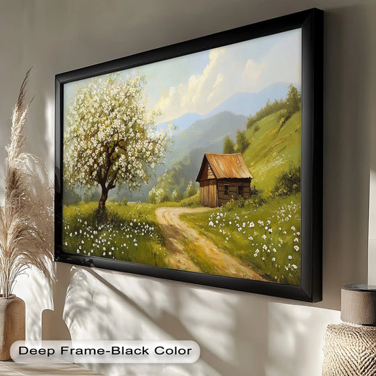 Featuring the foreground with wildflowers, this landscape oil painting reproduction print showcases a dirt path winding to a cabin beneath a tree in full bloom.