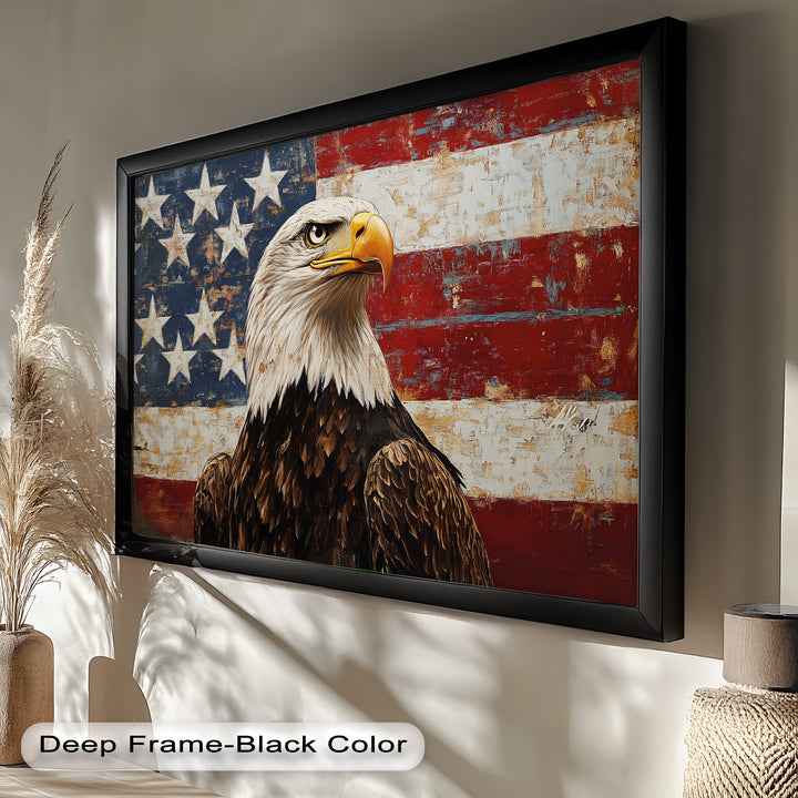 Adler mit amerikanischer Flagge – Patriotisches Ölgemälde