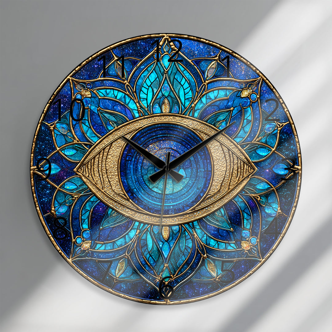 Evil Eye Glass Wall Clock – Blue Mandala Wall Decor