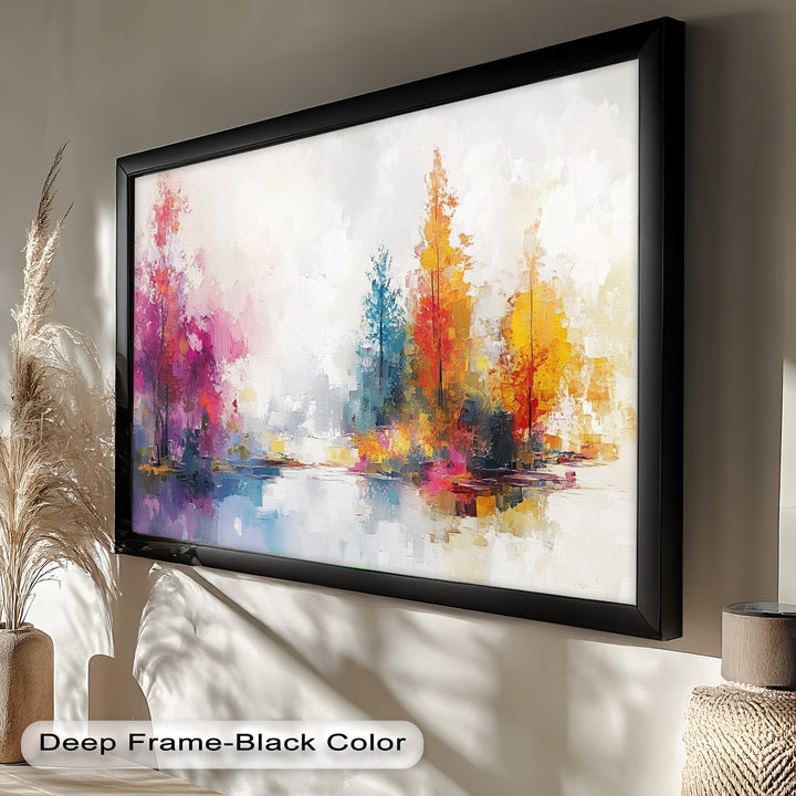 A beautifully textured abstract painting depicting a tranquil lakeside view with trees in shades of red, gold, and blue, creating a mesmerizing seasonal contrast.