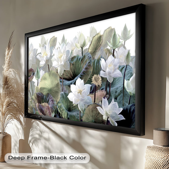 A contemporary floral wall art piece depicting a dreamy lotus garden, with soft hues and gentle lighting enhancing the beauty of this symbolic flower