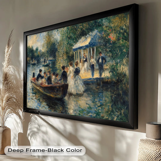 Lush foliage and a tranquil riverside pavilion form the background of this impressionist Afternoon Gathering oil painting reproduction print.