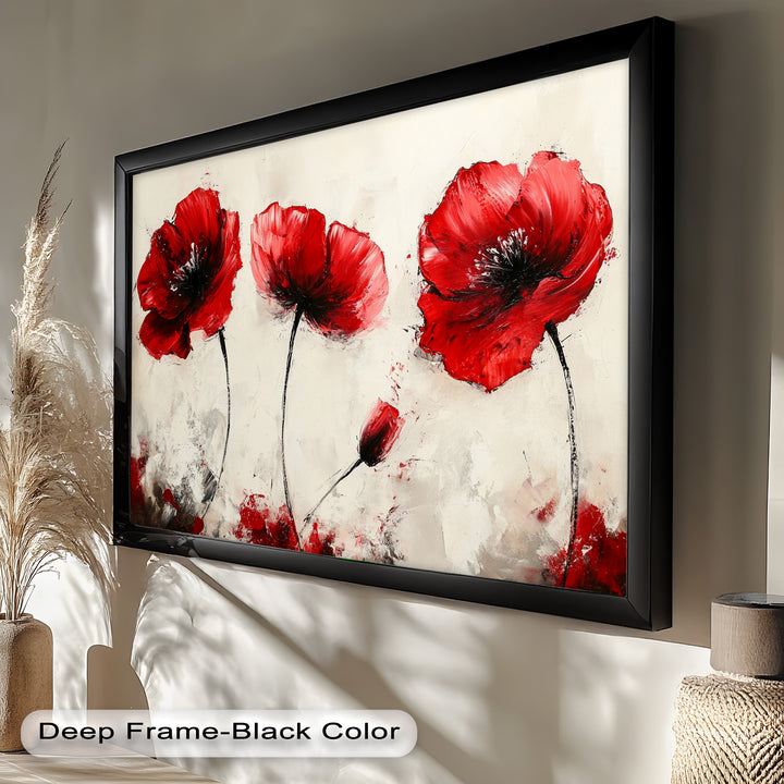 Crimson Elegance – Bold Red Poppies on Cream Flower Oil Painting