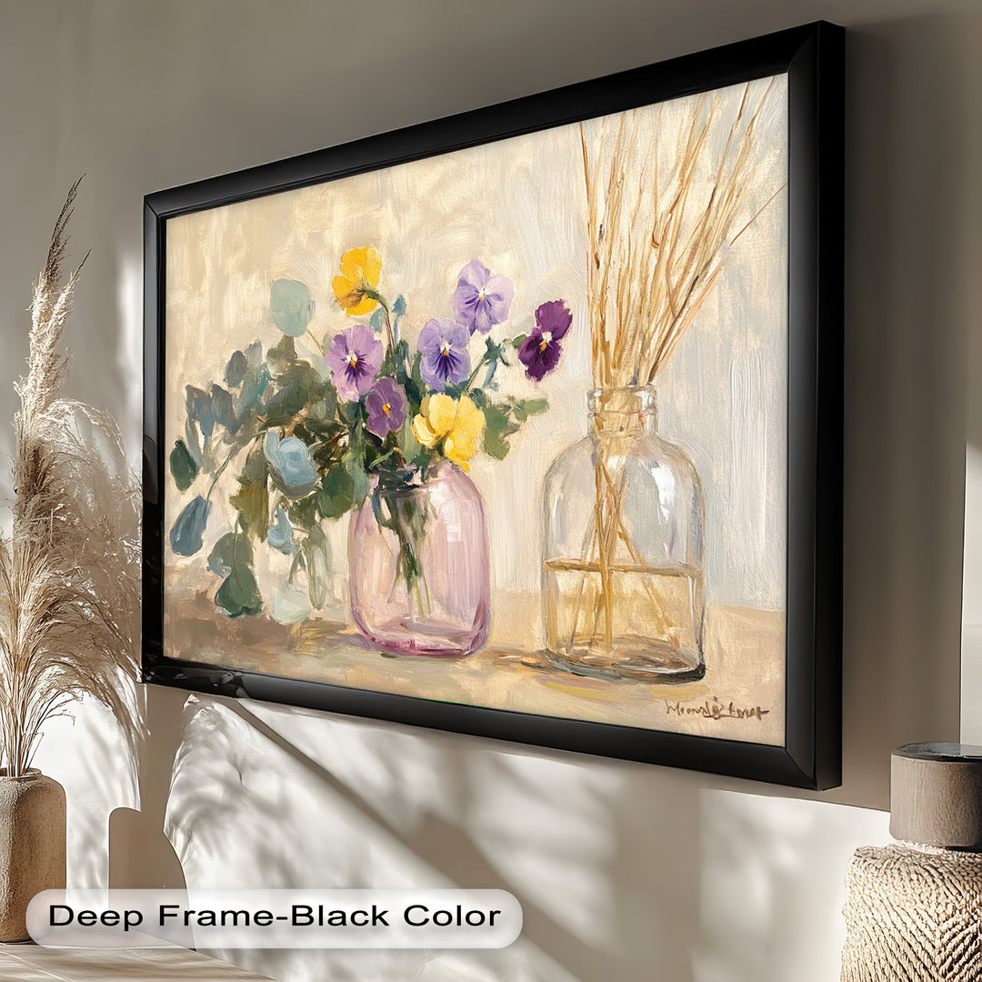 A refined and harmonious floral scene unfolds in this exquisite composition, where pastel hues and earthy tones create a tranquil and inviting atmosphere.