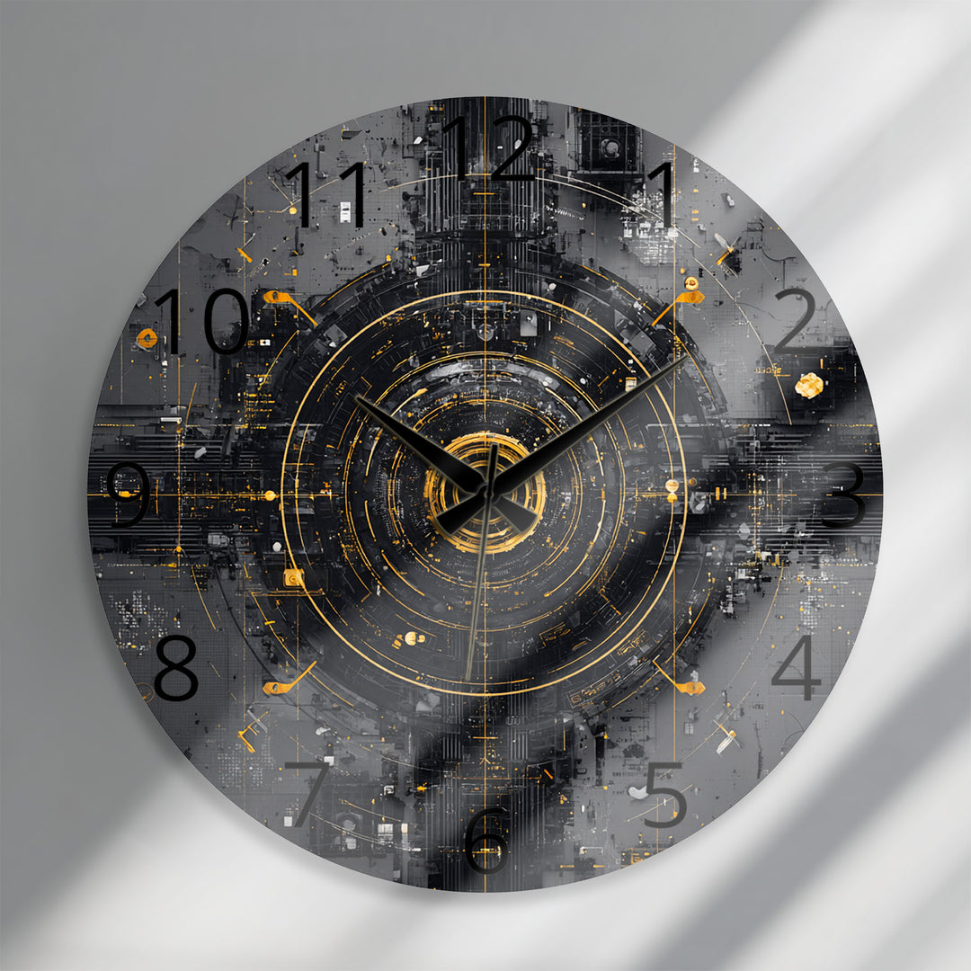 Industrial Abstract Glass Wall Clock – Black and Gold Tech Art
