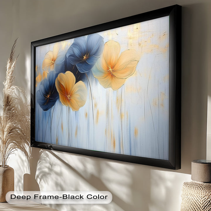 Blaue und gelbe Blumenkunst – Gerahmtes Ölgemälde