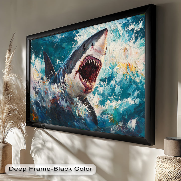 Ferocious Shark Emerging from Turbulent Waters – Animal Oil Painting