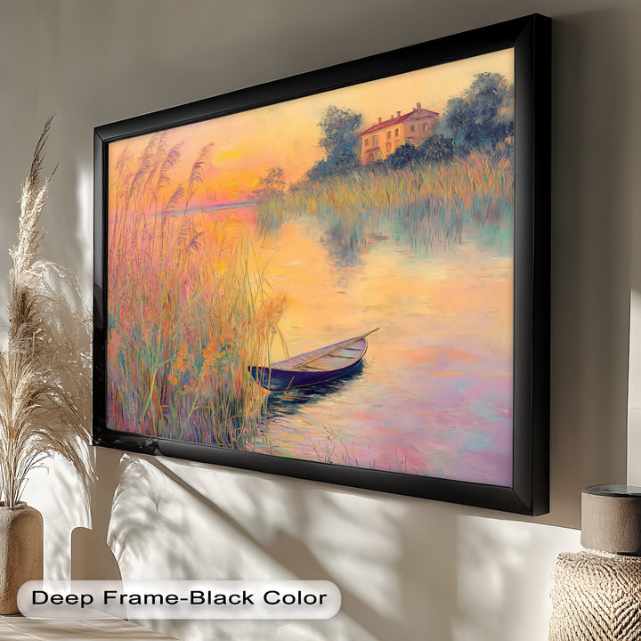 Golden Reeds and Sunset Rowboat – Impressionist Oil Painting