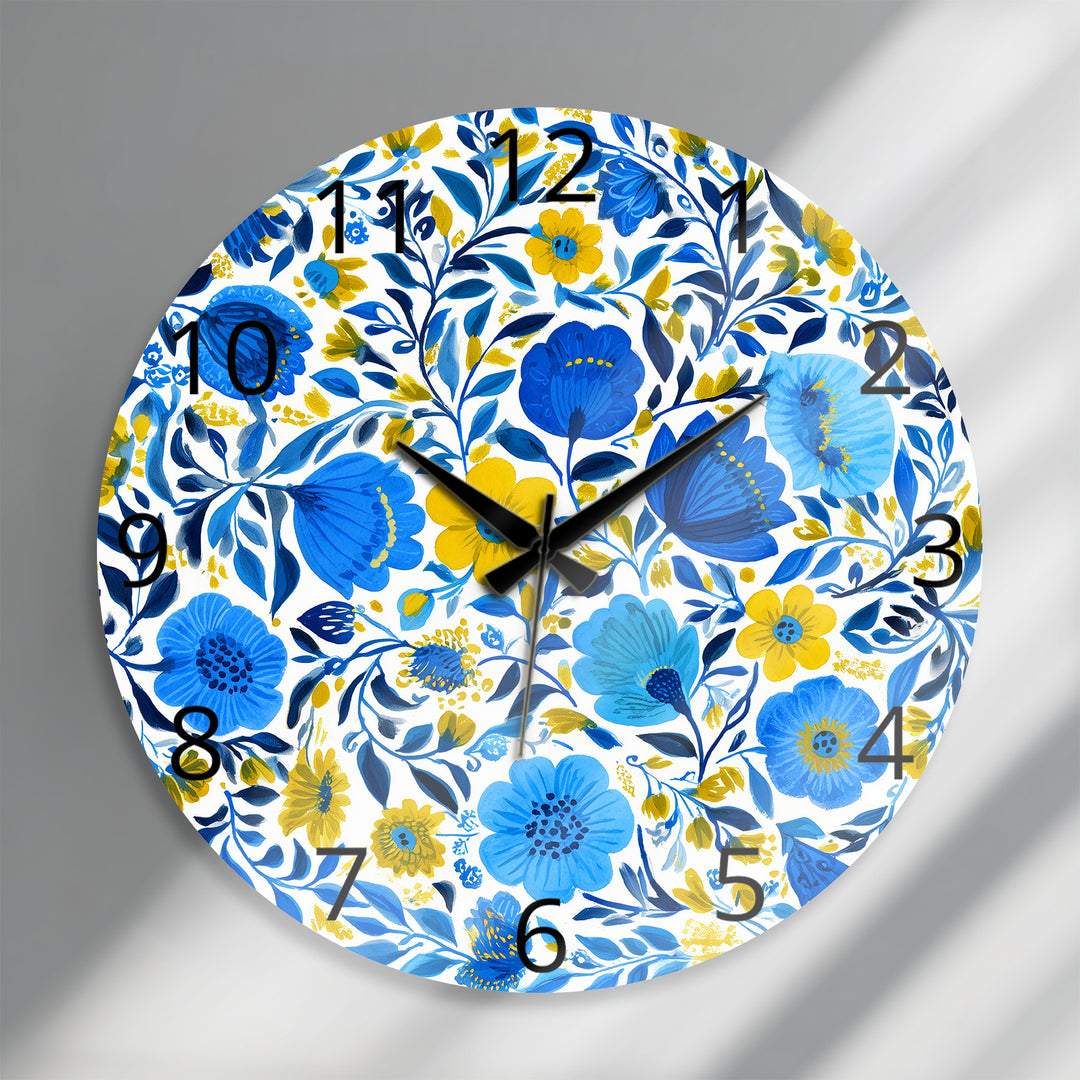 Blue and Yellow Floral Glass Wall Clock – Botanical Decor