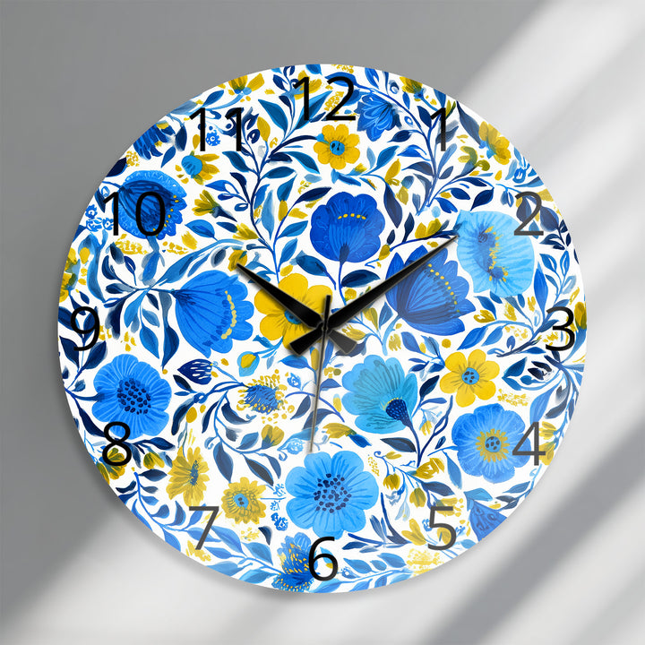 Blue and Yellow Floral Glass Wall Clock – Botanical Decor