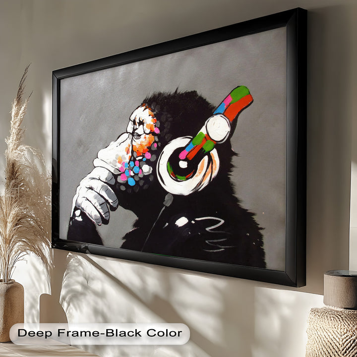 Contemplative Chimp with Headphones - Banksy Oil Painting