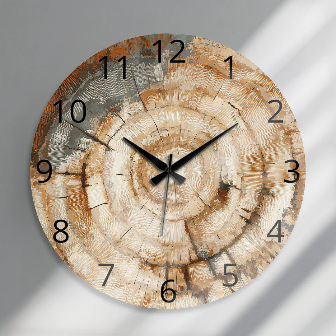 Tree Ring Glass Wall Clock – Rustic Wood Grain Decor