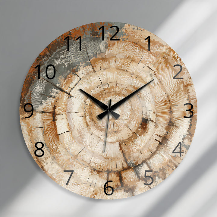Tree Ring Glass Wall Clock – Rustic Wood Grain Decor