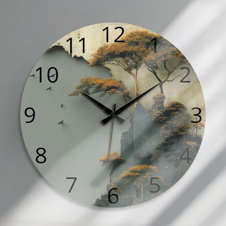 Misty Forest Glass Wall Clock – Golden Mountain Landscape
