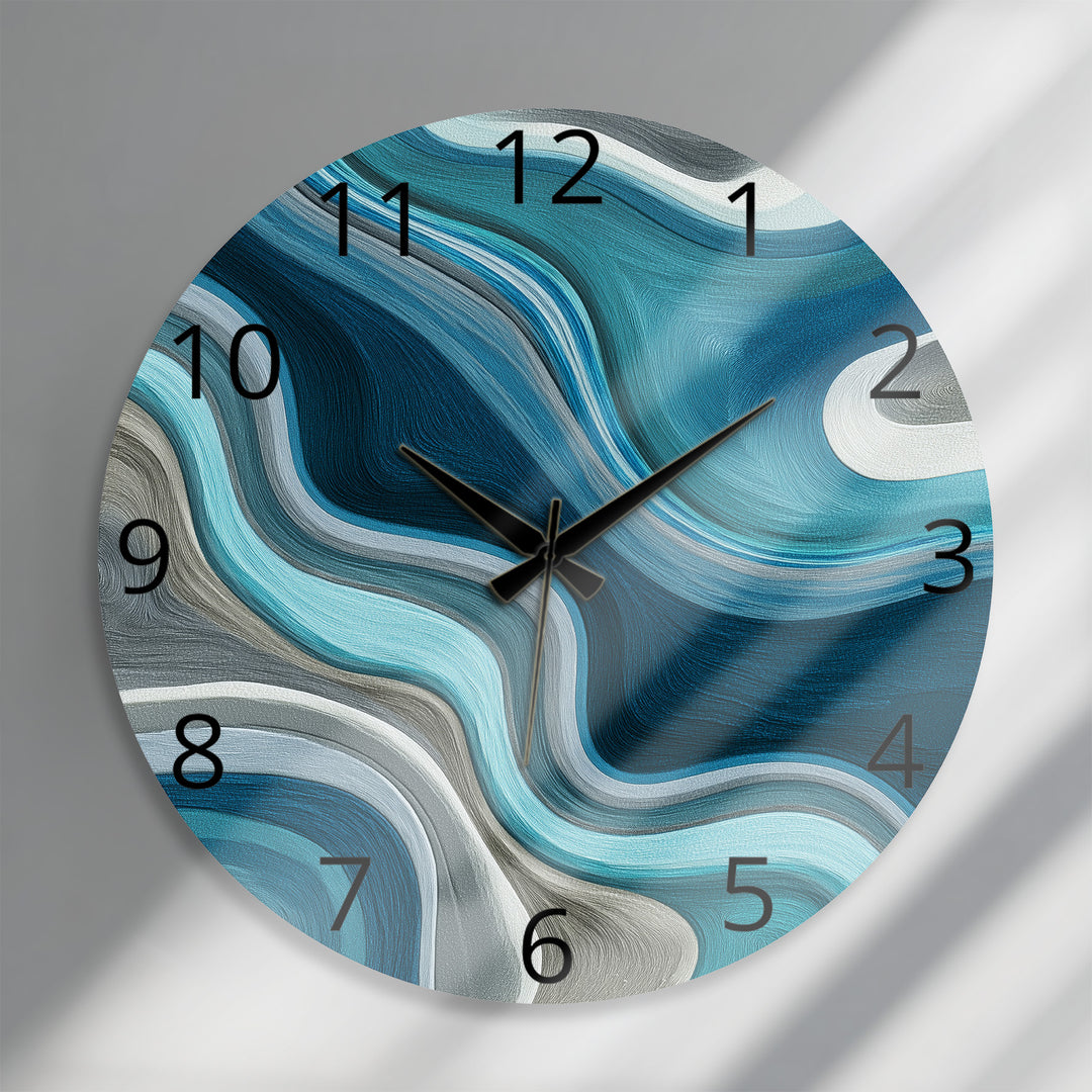 Blue Abstract Glass Wall Clock – Teal Wave Modern Decor