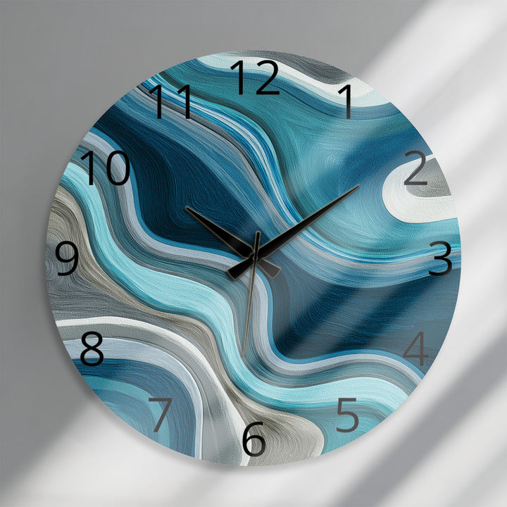 Blue Abstract Glass Wall Clock – Teal Wave Modern Decor