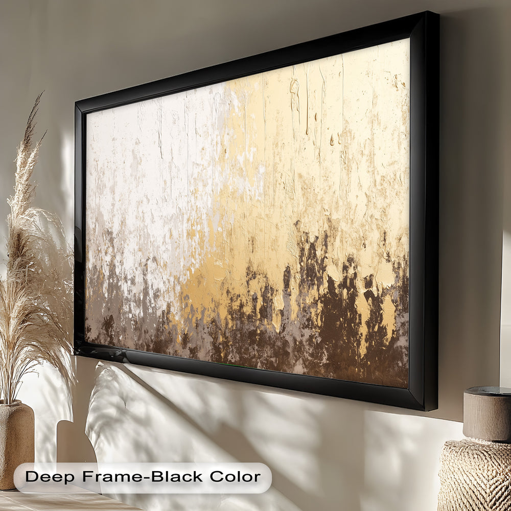 A contemporary wall art piece featuring a minimalist gradient of warm golden hues and deep neutral shades with a raw, textured finish.