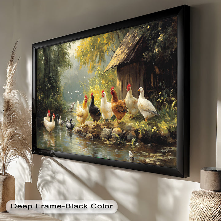 Country Farmyard Chickens by the Stream – Animal Oil Painting