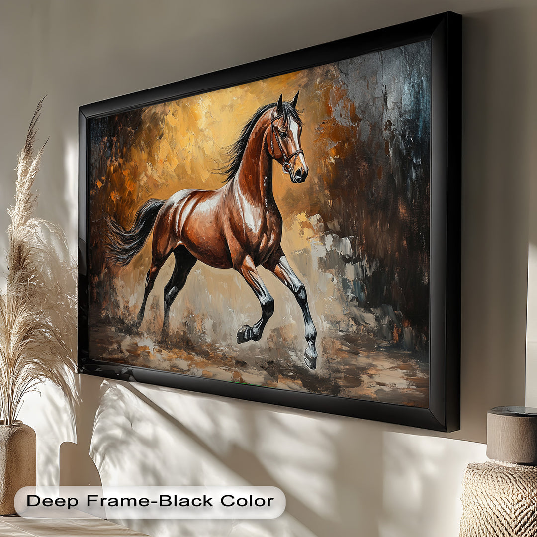 Equine oil painting featuring galloping horse and warm dramatic lighting.

