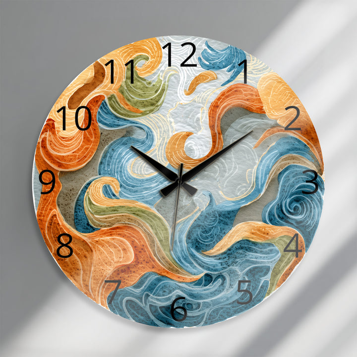 Abstract Ocean Glass Wall Clock – Blue and Orange Wave Art