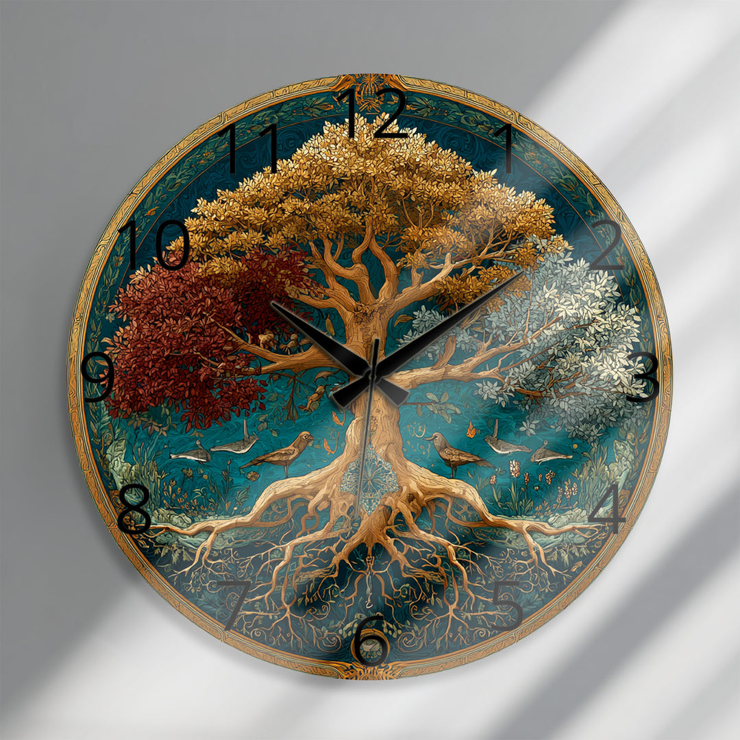 Four Seasons Tree of Life Glass Wall Clock – Botanical Decor