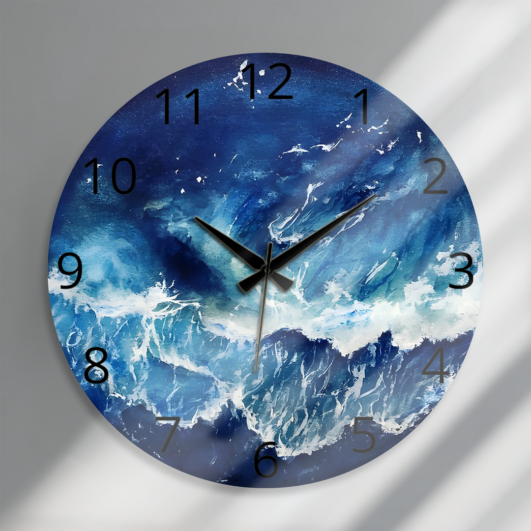 Abstract Blue Ocean Glass Wall Clock – Coastal Wave Art