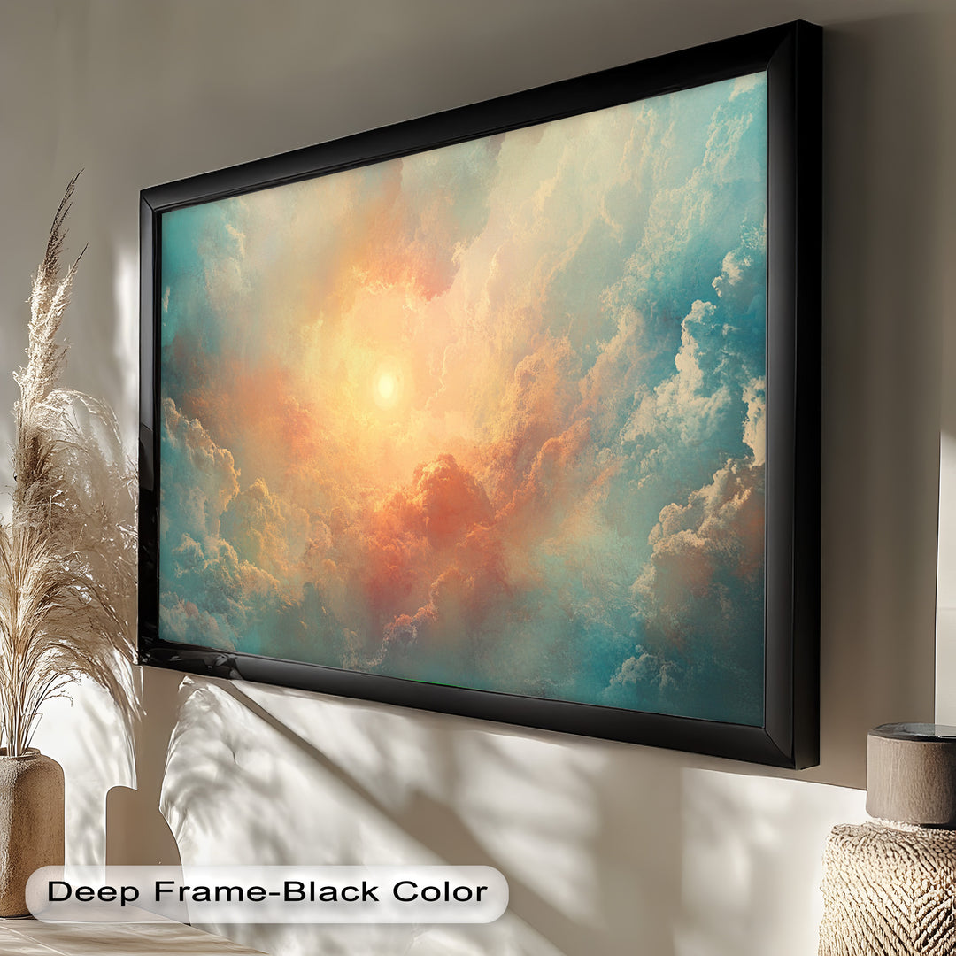 Dreamy atmospheric painting of sunlit clouds in peach and aqua tones.
