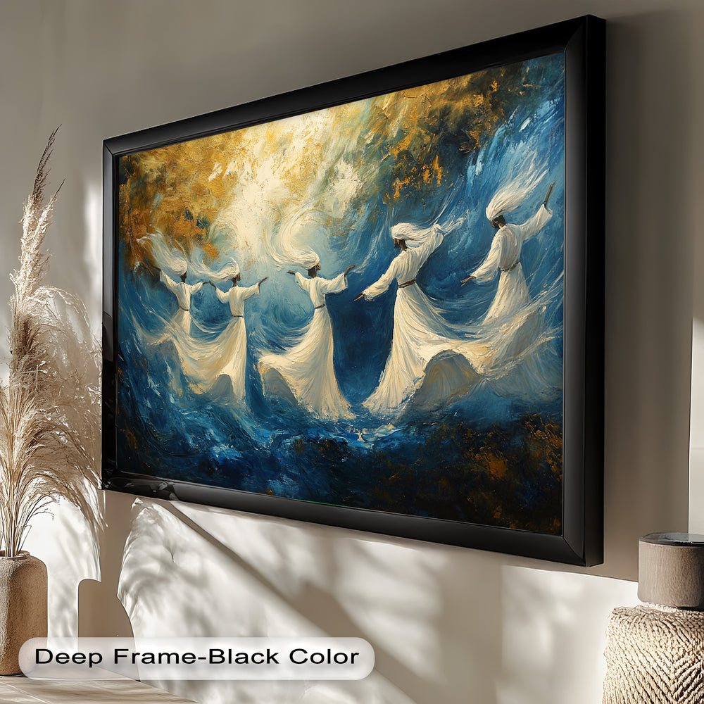 A spiritual and dreamlike scene of Sufi dancers moving in harmony, surrounded by fluid brushstrokes of cosmic blues and radiant gold.