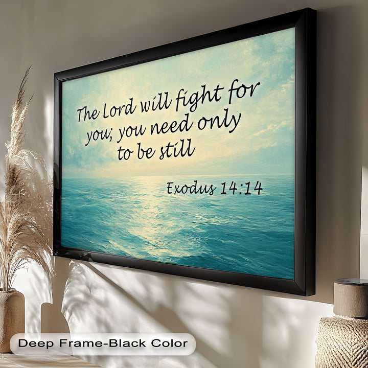 Christian wall art featuring a serene sea and scripture on surrendering to God.
