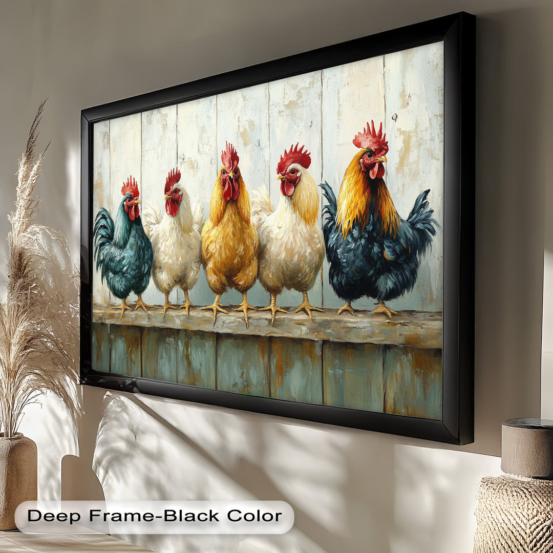 Colorful Roosters on a Wooden Fence – Animal Oil Painting