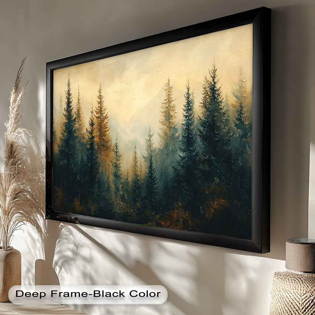 This atmospheric painting captures a dense forest of towering pine trees shrouded in golden mist, with distant mountains barely visible through the haze.