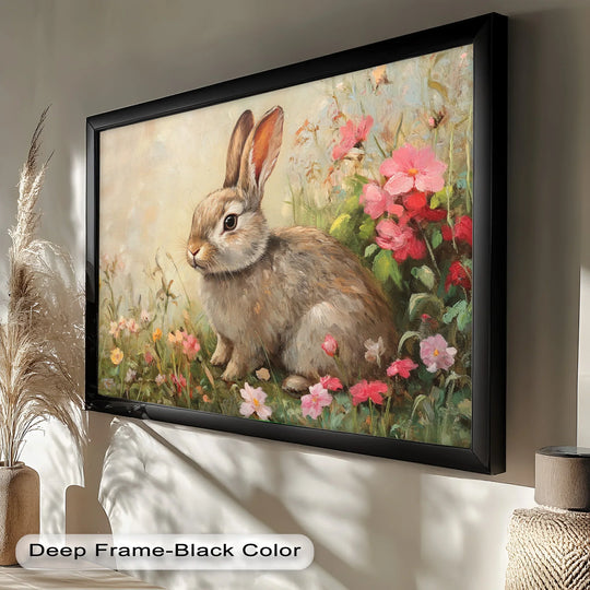 Foreground detail highlights the delicate brushstrokes and vibrant colors of this oil painting art prints, featuring a curious bunny nestled among spring blossoms.