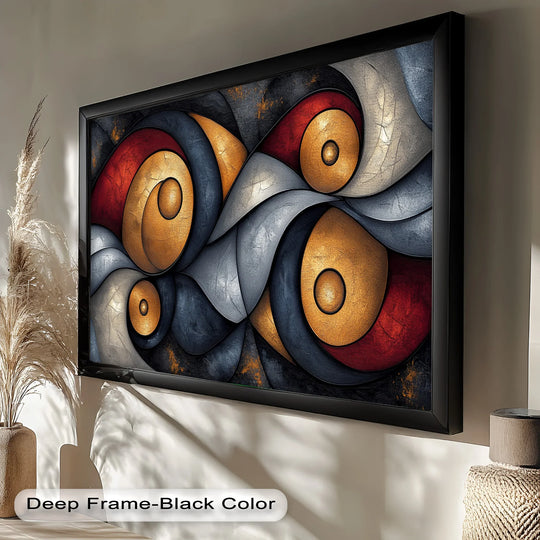 Highlighting the realistic detail, the framed futuristic abstract spirals show the texture and depth of the oil painting reproduction print, with its gold, red, and dark swirling shapes.
