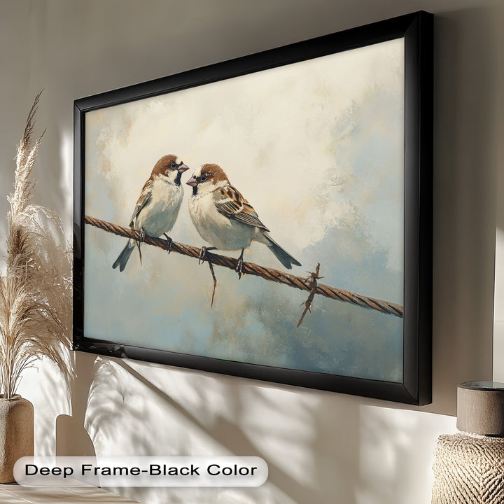 Two Sparrows on a Wire – Bird Oil Painting