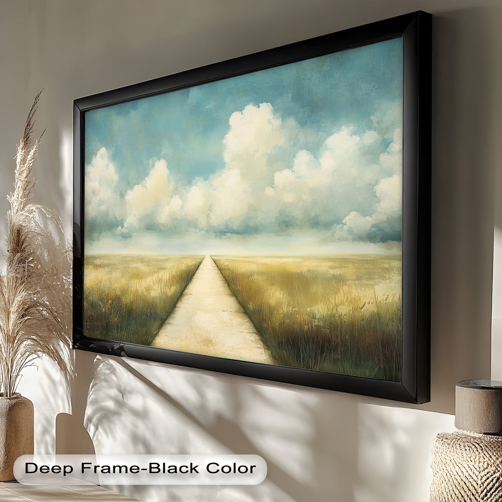 The golden fields on either side evoke a sense of calm, openness, and the beauty of simplicity.