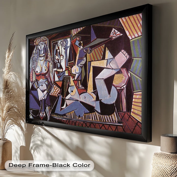 Expressive composition of female nudes rendered with cubist abstraction and vivid patterns.

