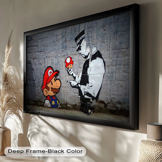 Realistic detail highlights the satirical 'Mario Meets the Law' oil painting wall art showcasing Banksy's unique street art style with Mario and a police officer.