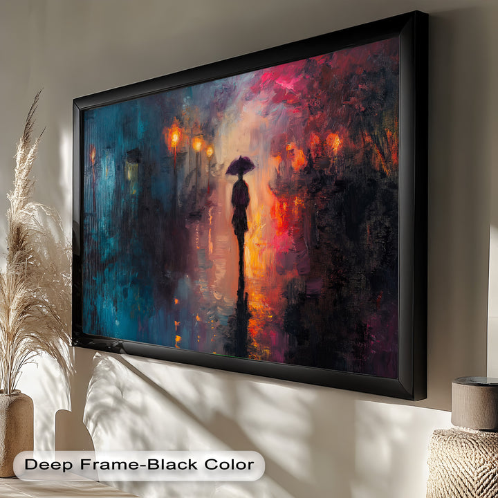 Evening Solitude – Romantic Rainy Stroll Love Oil Painting