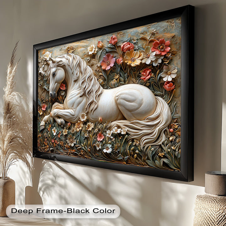 Rock Texture Flower Horse – Elegant Equine Oil Painting