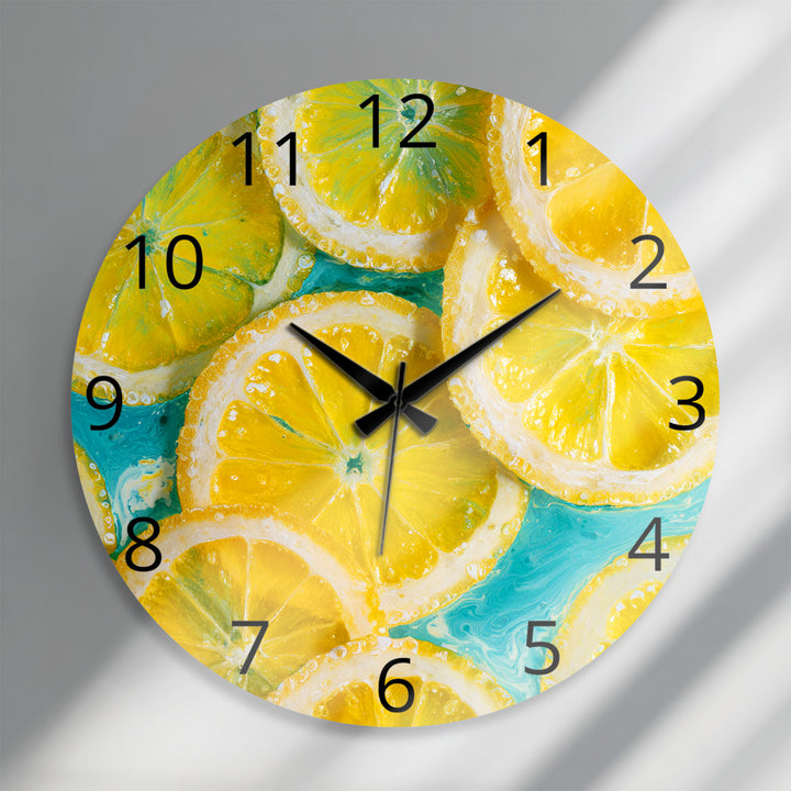 Yellow Lemon Glass Wall Clock – Bright Citrus Kitchen Decor