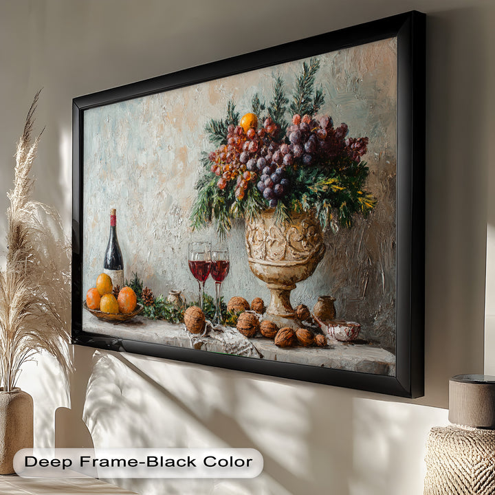 Featuring an elegant wine bottle, a bowl of fruits, and a nostalgic atmosphere, this still life painting is a perfect choice for vintage decor lovers.
