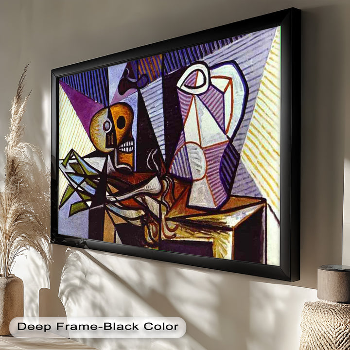 Avant-garde still life featuring a skeletal head and angular jug in a fragmented, high-contrast cubist setting.