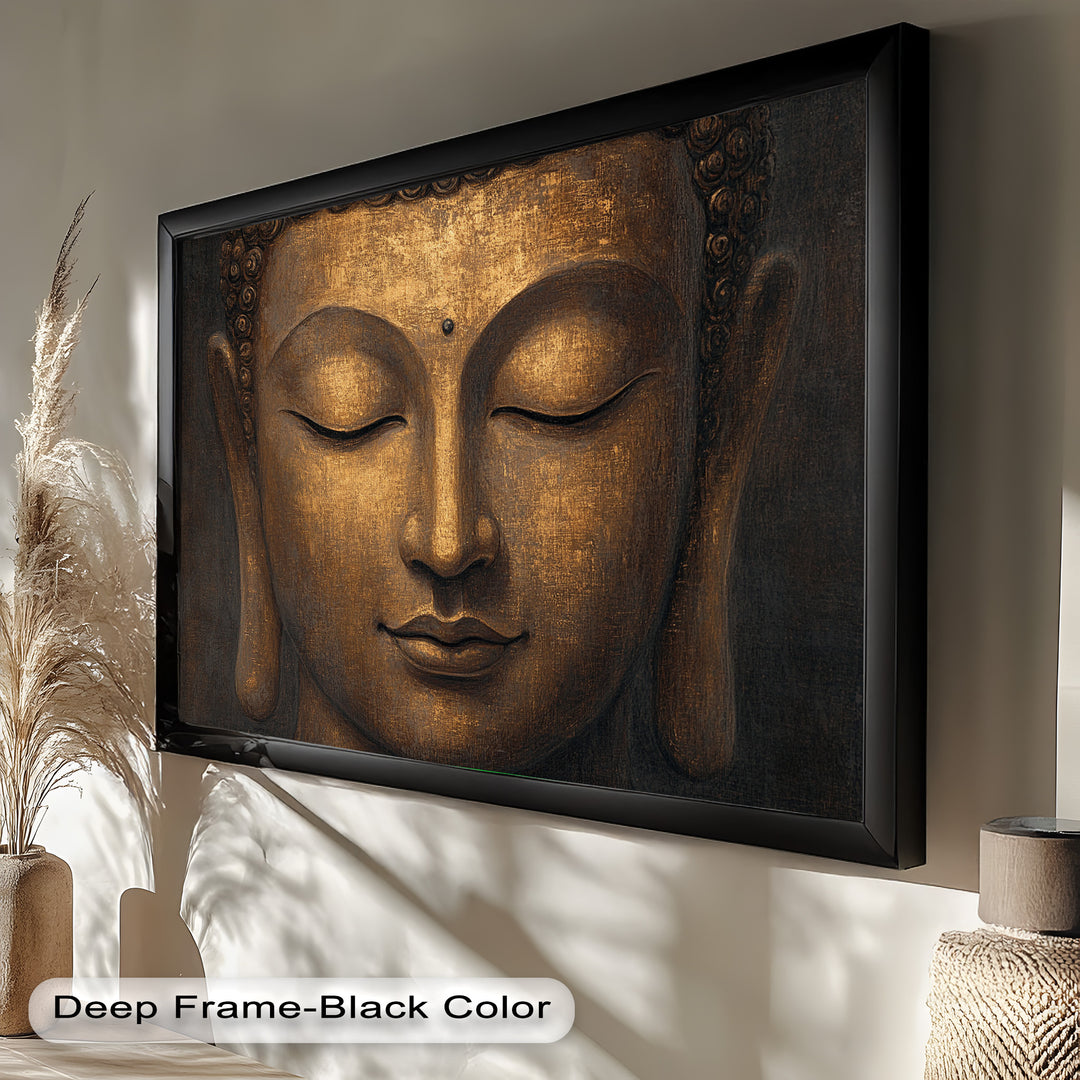 A close-up painting of Buddha’s serene face in rich golden tones, with eyes gently closed in meditation and a peaceful expression.