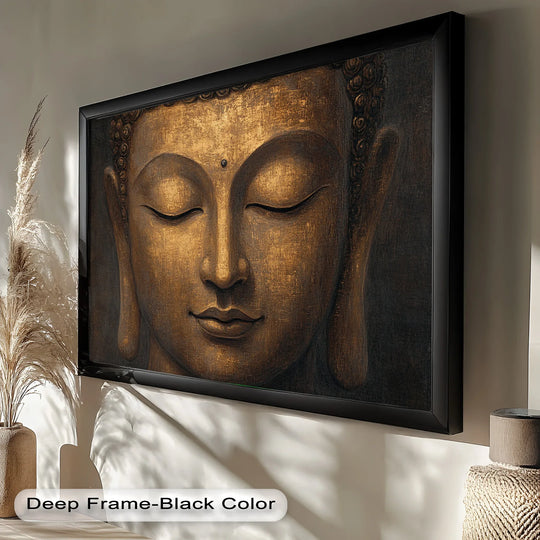 A close-up painting of Buddha’s serene face in rich golden tones, with eyes gently closed in meditation and a peaceful expression.