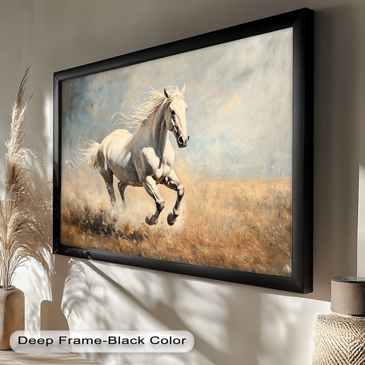 Powerful white horse wall art with motion and natural energy.

