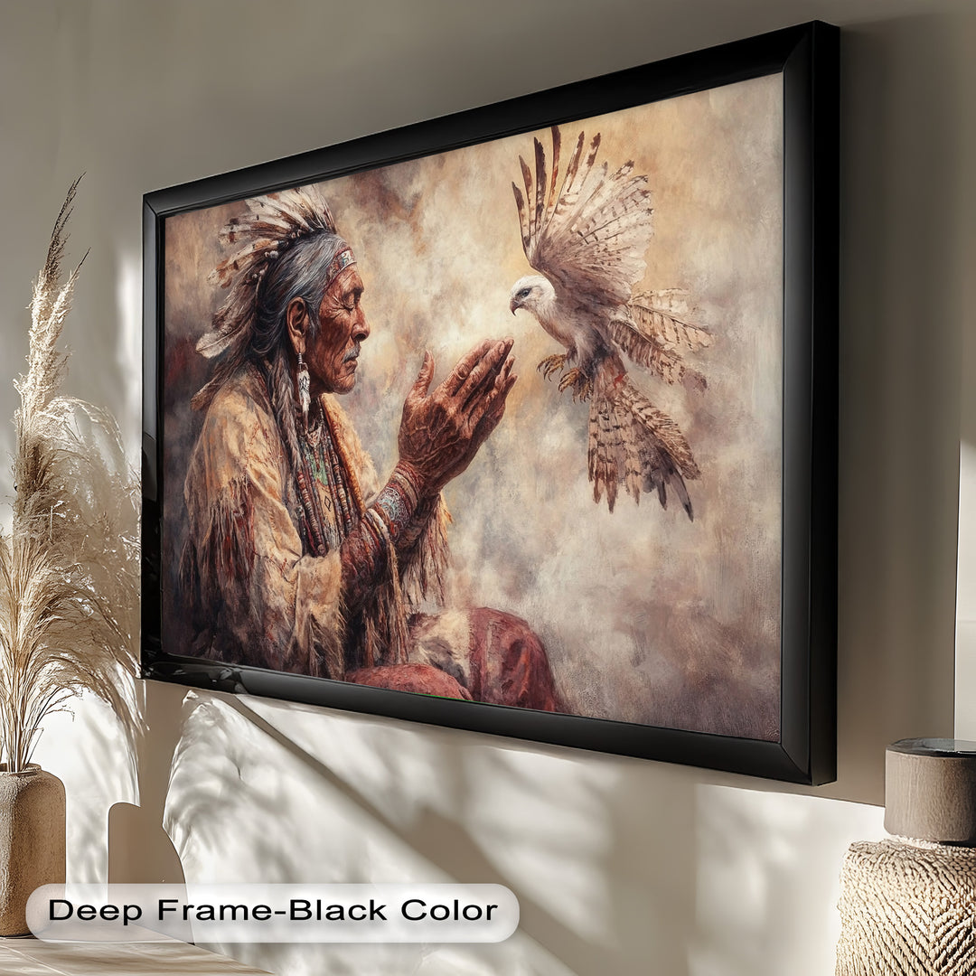 Whisper to the Spirit – Native Elder and Falcon Oil Painting