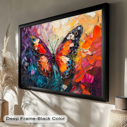 The darkest area defines the dramatic contrast in this modern oil painting art, highlighting the radiant butterfly in a blooming spectrum.