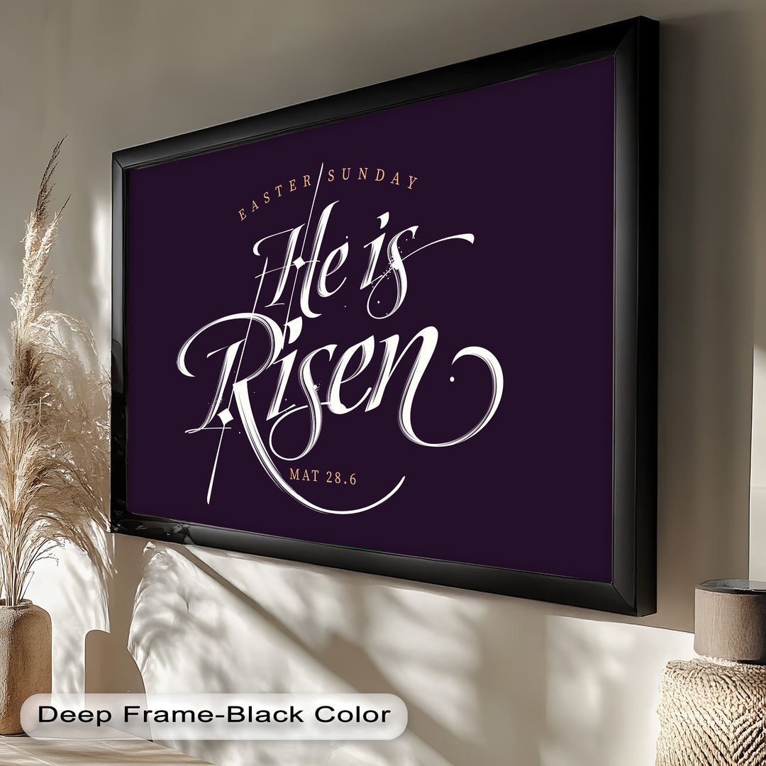 Faith-based Easter scripture artwork – Bible verse Matthew 28:6 in modern style.
