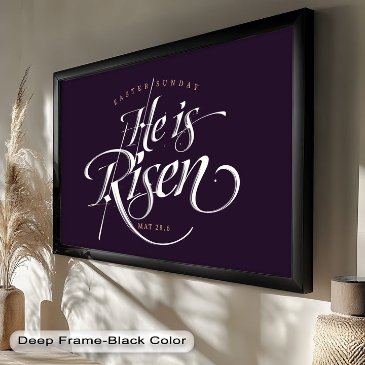 Faith-based Easter scripture artwork – Bible verse Matthew 28:6 in modern style.
